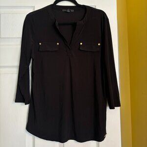 Tahari Black Blouse Top with Faux Pockets 3/4 Sleeves Size M